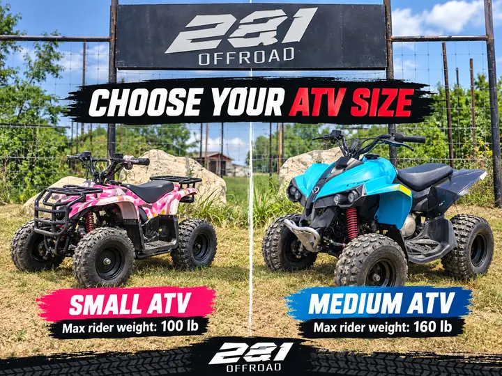 Gráfico que compara los dos tamaños juveniles: cuatrimoto pequeña (Small ATV), peso máximo 100 lb; cuatrimoto mediana (Medium ATV), peso máximo 160 lb