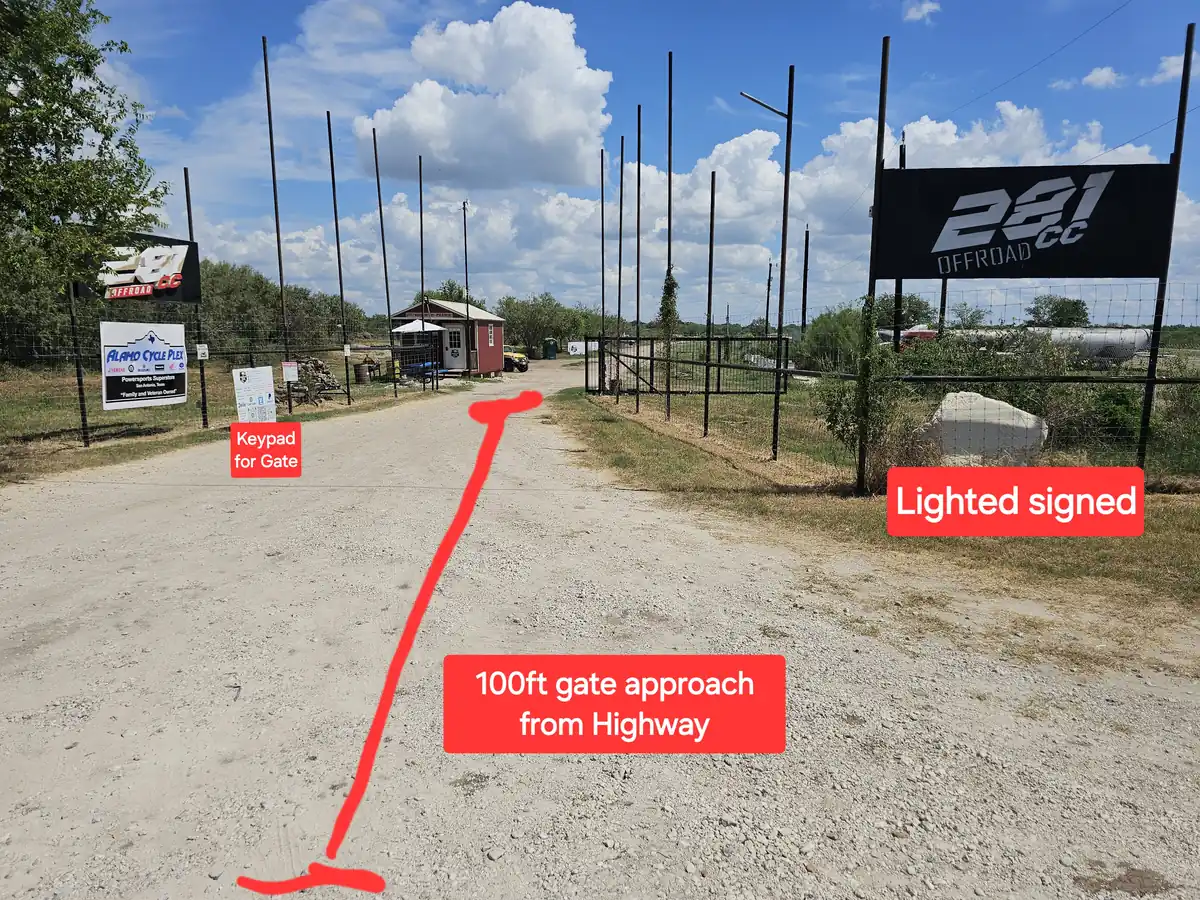 100 foot gate approach from the highway with lighted signage at 281 Country Club storage lot