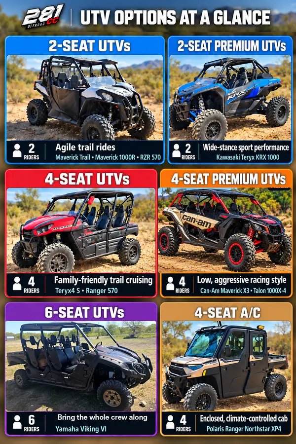 Illustrated chart of the six UTV types at 281 Country Club: 2-seat UTVs for agile trail rides (Maverick Trail, Maverick 1000R, RZR 570); 2-seat premium UTV for wide-stance sport performance (Kawasaki Teryx KRX 1000); 4-seat UTVs for family-friendly trail cruising (Teryx4 S, Ranger 570); 4-seat premium UTVs with a low, aggressive racing style (Can-Am Maverick X3, Talon 1000X-4); 6-seat UTV to bring the whole crew along (Yamaha Viking VI); and 4-seat A/C UTV with an enclosed, climate-controlled cab (Polaris Ranger Northstar XP4)