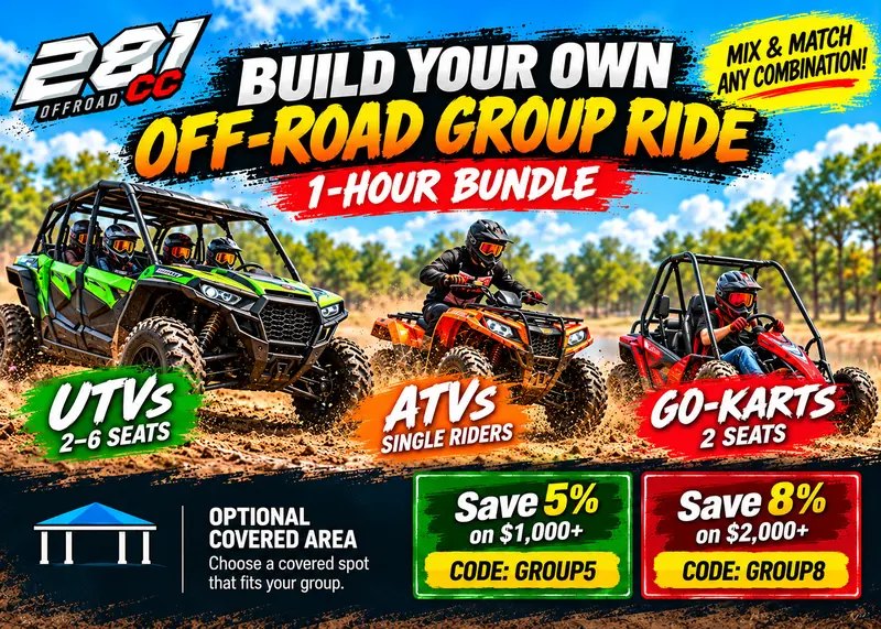 Reserva el 1-HR Off-Road Bundle. Gráfico ilustrado: arma tu propio paseo off-road en grupo con el paquete de 1 hora, combinando como quieras UTVs (de 2 a 6 asientos), cuatrimotos de una sola persona y go karts de 2 asientos, con área techada opcional. El código GROUP5 descuenta 5% en reservas de $1,000 o más; el código GROUP8 descuenta 8% en reservas de $2,000 o más.